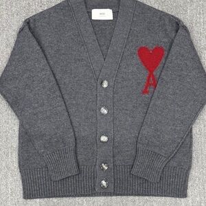 Ami Charcoal Cardigan with Red Heart Accent